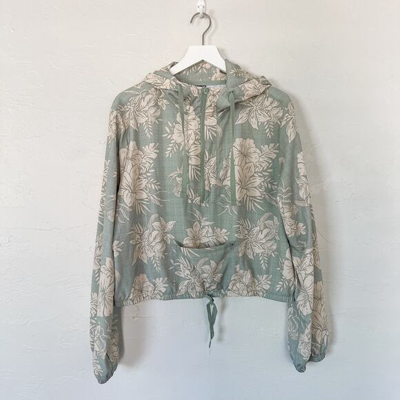 Hurley Green and Beige Tropical Print Cropped Hoodie Extra Large - Picture 1 of 5